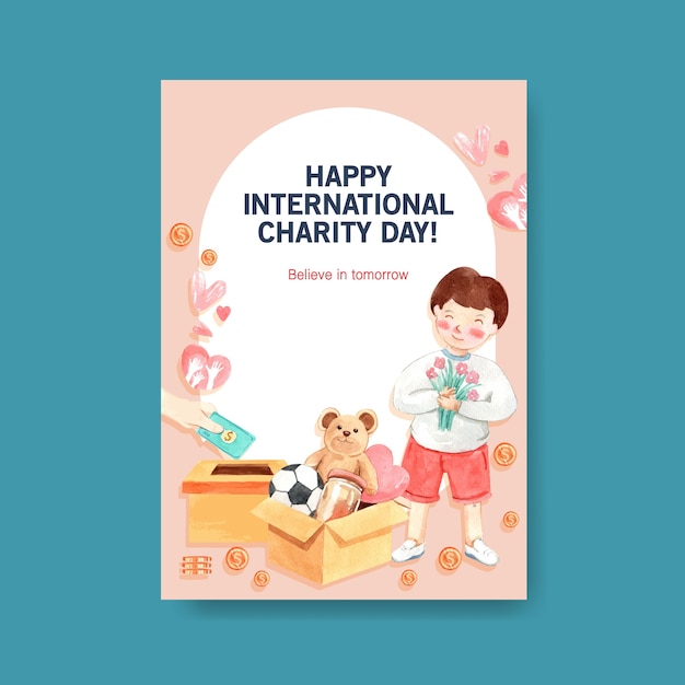 Free vector poster template with international day of charity concept design for brochure and leaflet watercolor.