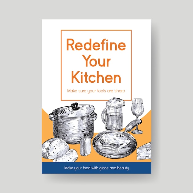 Бесплатное векторное изображение Шаблон плаката с концептуальным дизайном кухонной техники для рекламы векторные иллюстрации