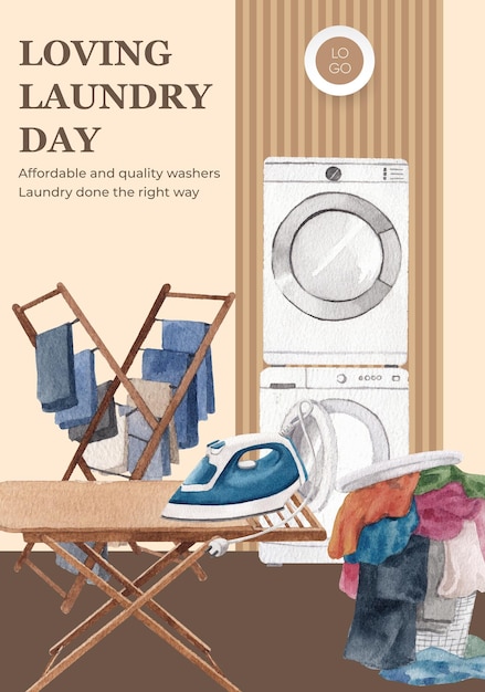 무료 벡터 세탁의 날 컨셉이 있는 포스터 템플릿수채화 스타일xa
