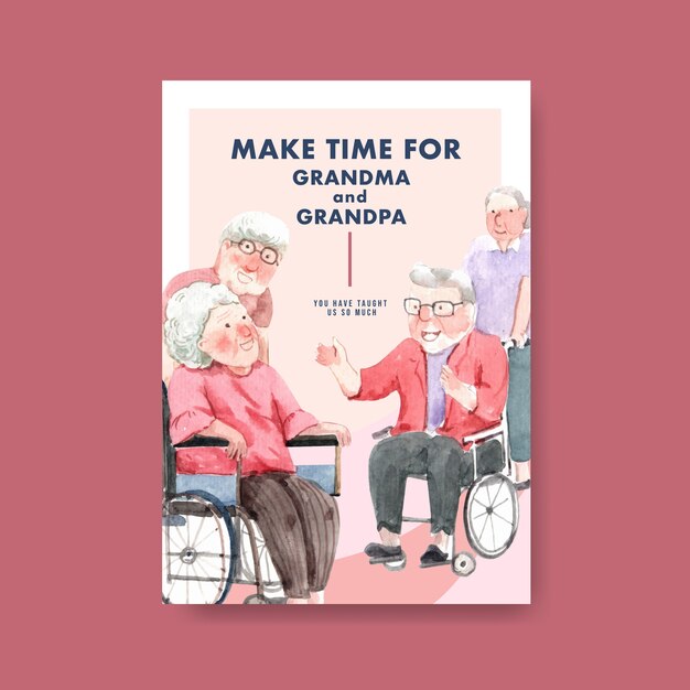 宣伝やパンフレットの水彩画のための祖父母の日コンセプトデザインのポスターテンプレート。