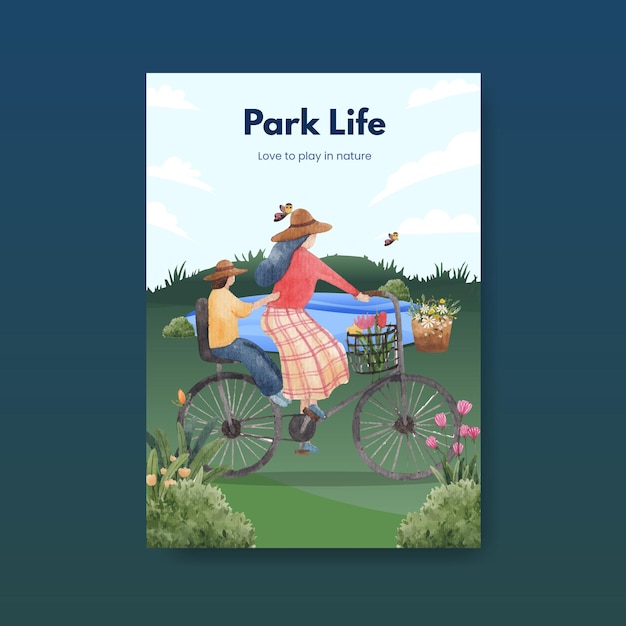 Шаблон плаката с концепцией парка и семьи для акварельной иллюстрации буклета и брошюры