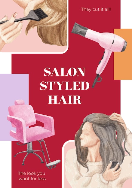 Vettore gratuito modello di poster con il concetto di bellezza dei capelli del salonewatercolor stylexa