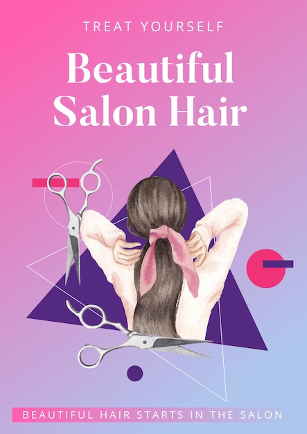 Free vector poster template with salon hair beauty conceptwatercolor stylexa