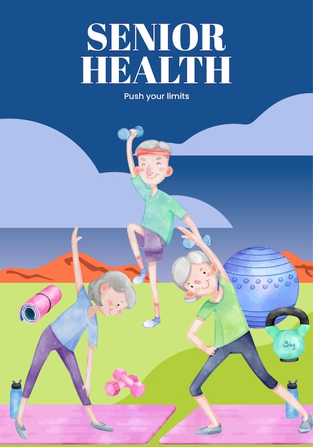 Poster template with senior health fitness conceptwatercolor style