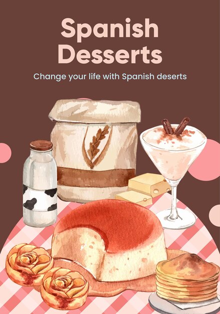 Poster template with spanish dessert in watercolor style