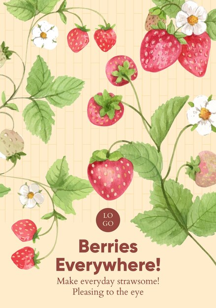 Strawberry Harvest Concept Poster Template in Watercolor Style