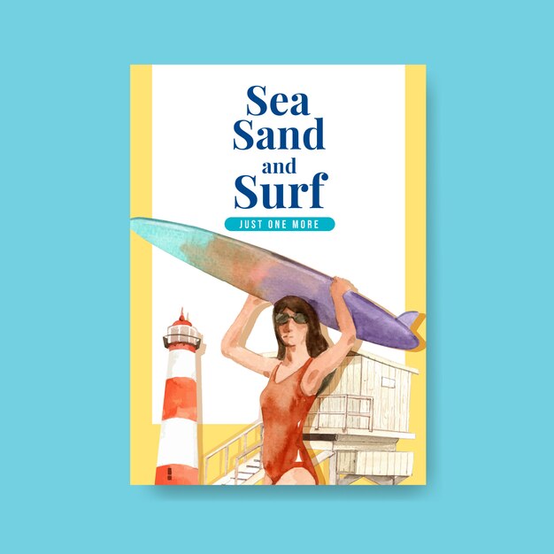 Poster template with surfboards at beach