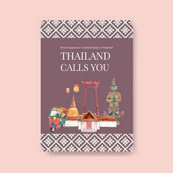수채화 스타일의 마케팅을위한 태국 여행 포스터 템플릿