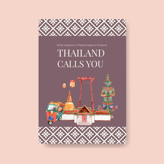 Poster template with thailand travel for marketing in watercolor style
