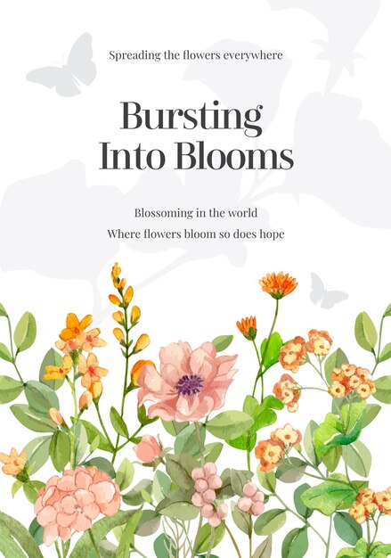 Poster template with wild flowers concept,watercolor style