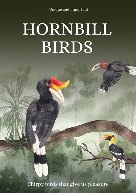 Poster templates with hornbill bird in watercolor style