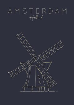 포스터 풍차 레터링 암스테르담 네덜란드 어두운 배경에 펜 선 스타일로 그리기