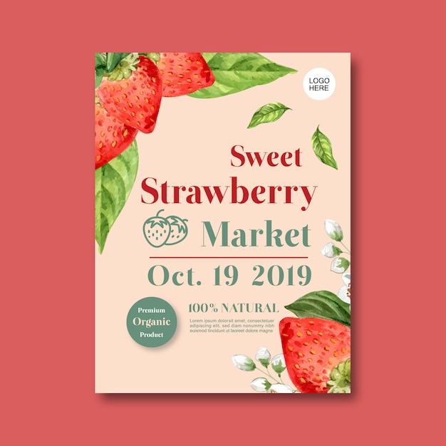 Poster with fruits-theme, creative strawberry and flower illustration template