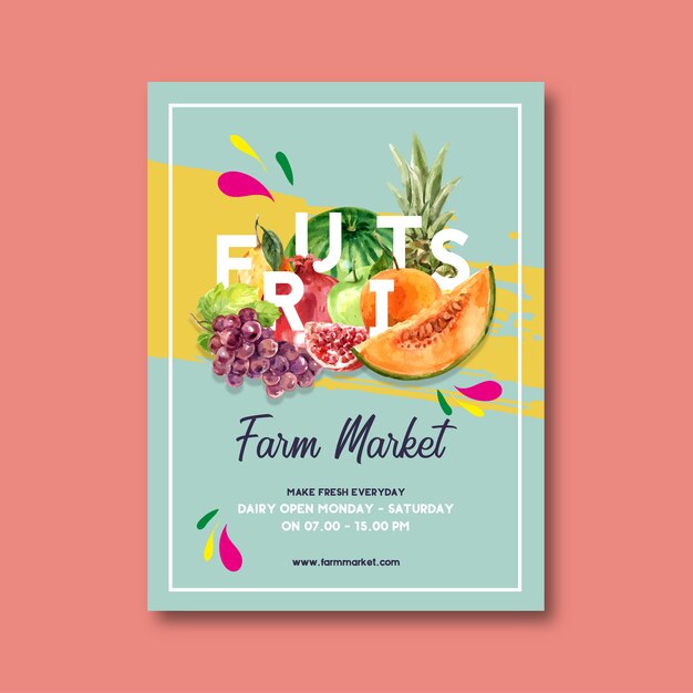 Poster with Fruits-theme, creative watercolor illustration template.