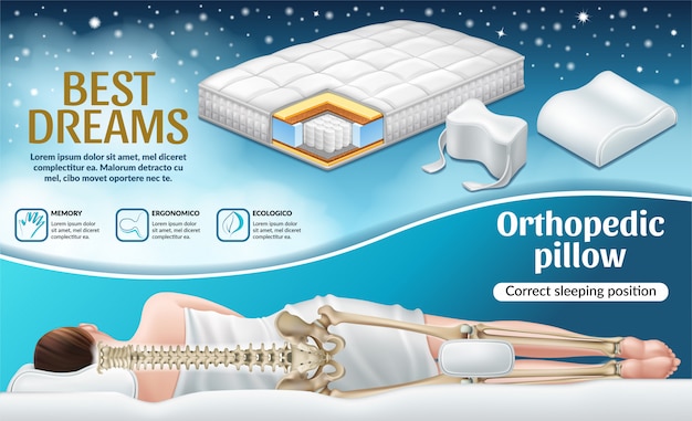 Free vector poster with orthopedic mattress and pillow.