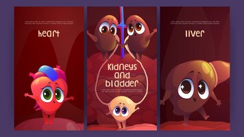 Poster con organi interni umani cuore fegato rene e vescica banner vettoriali con cartoni animati di simpatici personaggi dell'anatomia del corpo del sistema urinario e cardiovascolare