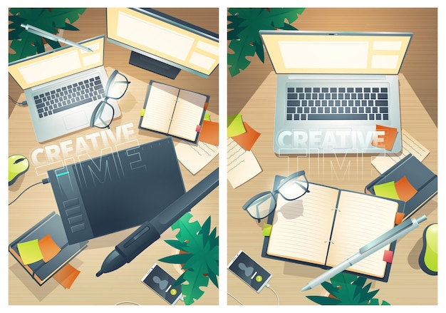 Posters with top view of designer workspace