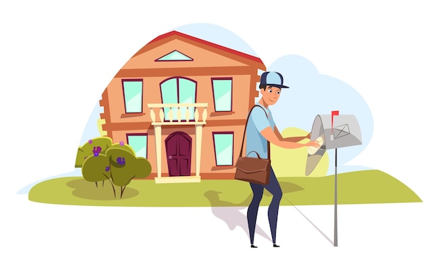 Free vector postman delivering mail illustration young mailman courier putting correspondence to mailbox