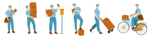 Free vector postman mailman character with bag and boxes