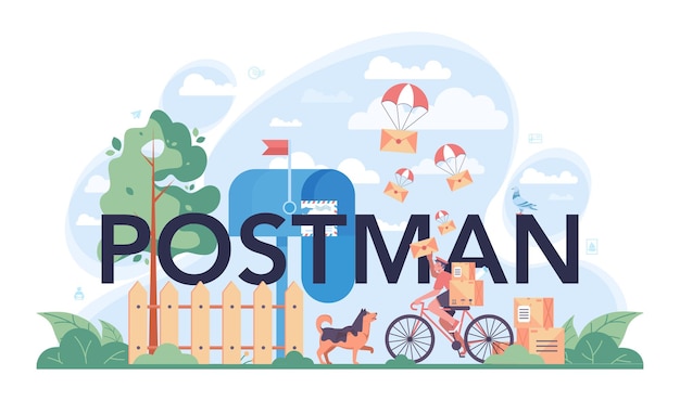 Postman profession typographic header Post office staff providing mail service accepting of letter and package selling postage stamp Isolated flat vector illustration