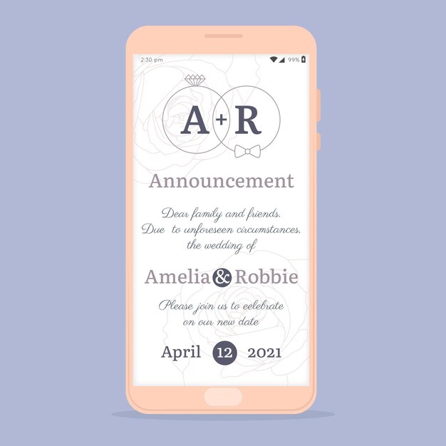 Postponed wedding announcement smartphone concept
