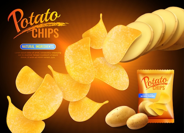 Бесплатное векторное изображение Рекламная композиция с картофельными чипсами с реалистичными изображениями чипсов, натурального картофеля и пачки