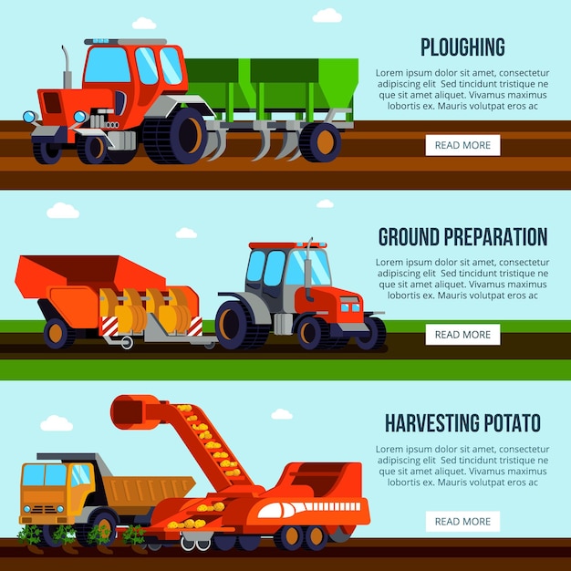 Vettore gratuito insegne orizzontali piane di coltivazione della patata con macchinario agricolo per l'aratura della preparazione al suolo e la raccolta isolate