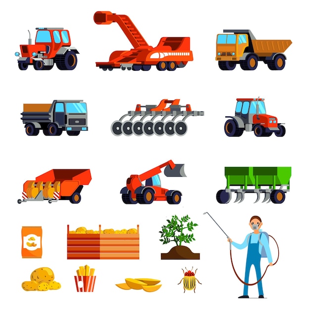 Potato cultivation flat icons set with plant and tubers pest control and agricultural vehicles isolated