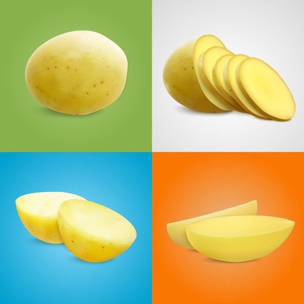 Free vector potatoes realistic 2x2 set of square compositions with whole potato fruit cut into halves and slices vector illustration