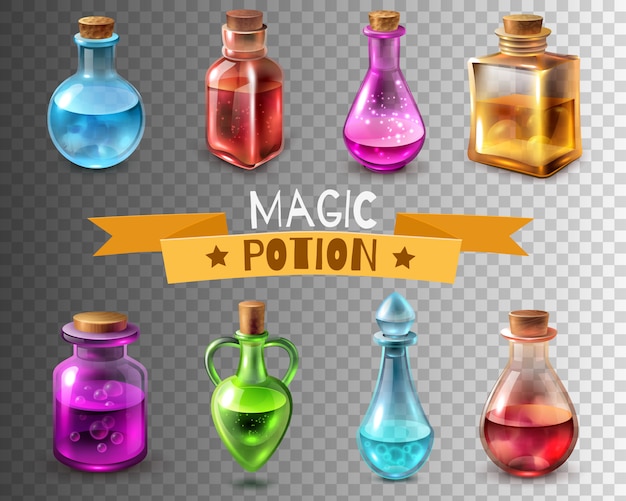 Free vector potion flasks transparent collection