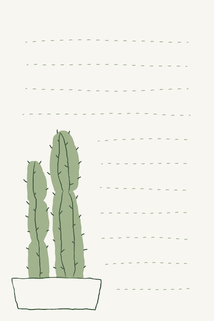 Vettore gratuito vettore di doodle di cactus in vaso e sfondo di nota a righe