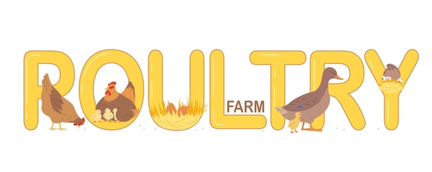 無料ベクター 白い背景のベクトル図に卵鶏とアヒルを持つフラット スタイルの養鶏場テキスト バナー