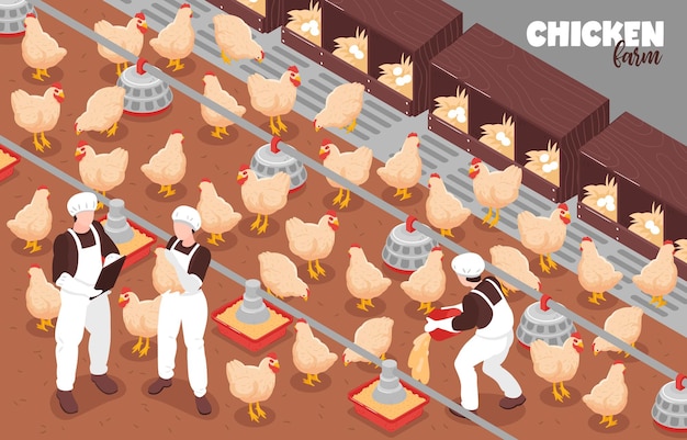 Птица на свободном выгуле куриной фермы производство изометрической композиции иллюстрация