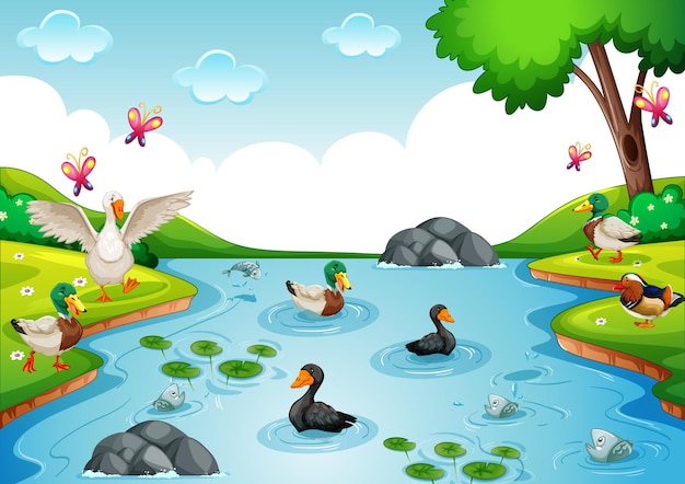 Free vector poultry group in the river in nature scene