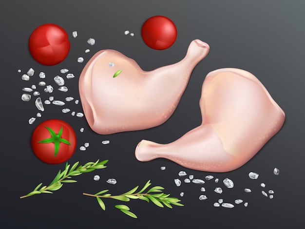 Free vector poultry raw meat pieces with salt, tomatoes and spices