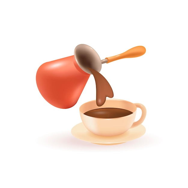 Бесплатное векторное изображение Наливание кофе из кофейника 3d векторная иллюстрация. чашка с горячим напитком на кухне или в ресторане в мультяшном стиле, изолированные на белом фоне. фаст-фуд, магазин, концепция меню