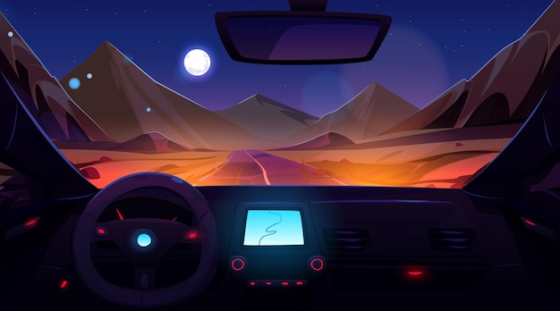 Бесплатное векторное изображение Вид от первого лица на салон автомобиля внутри и пустынный ландшафт