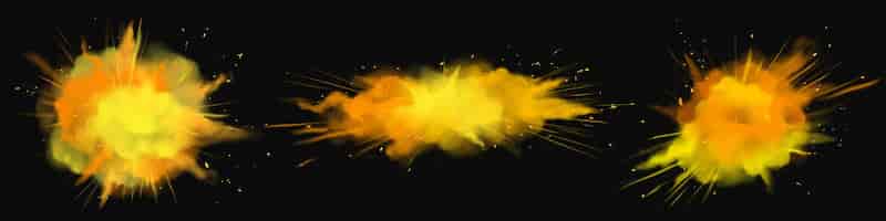 Free vector powder holi paints orange, gold, yellow explosion clouds, ink splashes, decorative vibrant dye for festival isolated on black