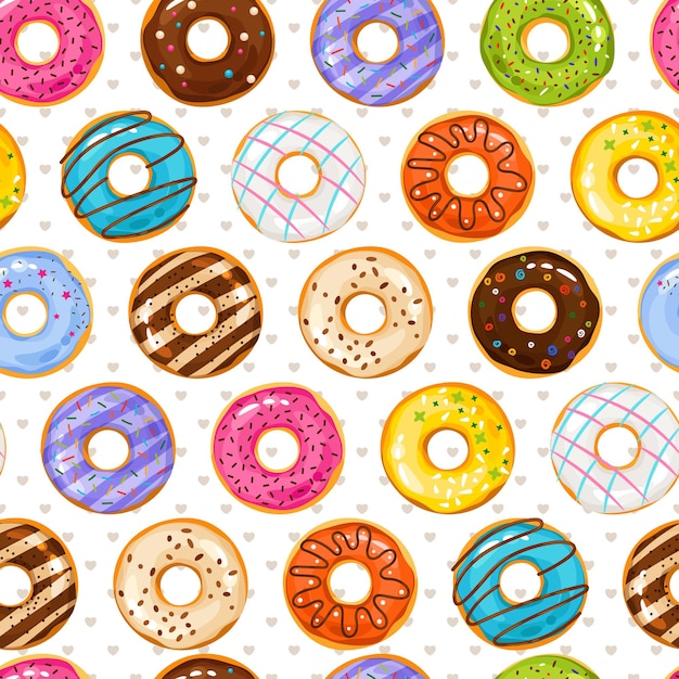 Powdered donut dessert background. Donuts and little love hearts seamless pattern. Doughnut bakery tasty