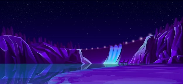 Free vector power dam with road lights beautiful nightscape