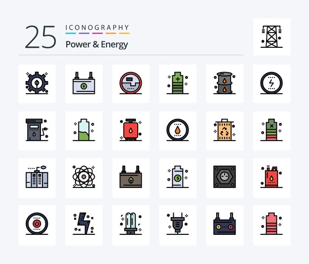 Free Vector power and energy 25 line filled icon pack including energy power electronics essential battery