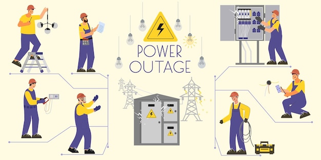 Infografica di interruzione di corrente con icone piatte di lampadine linee elettriche ed elettricisti con immagini di apparecchiature illustrazione vettoriale