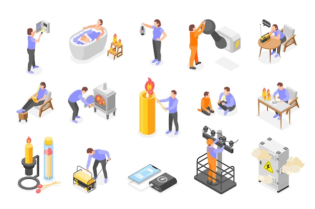 Power outage isometric icons with people using alternative energy sources so as flashlight candle fireplace isolated vector illustration