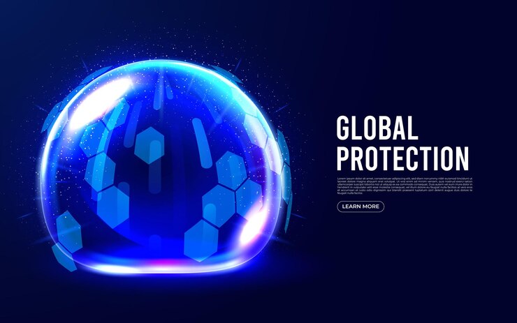 Free Vector power protective energy dome, shield on blue background. inviolable field, protection and safety concept.