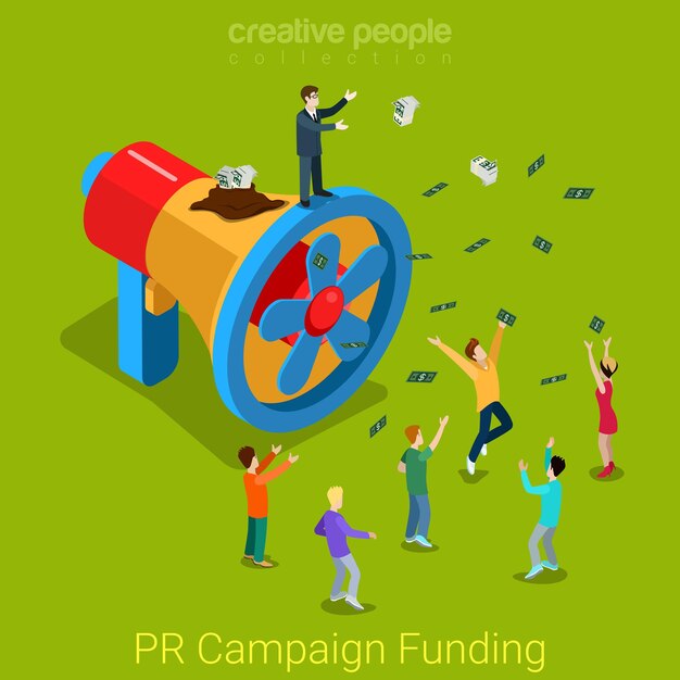 PR campaign funding flat isometric product service promo promotion concept  Businessman loudspeaker propeller wasted money drain.