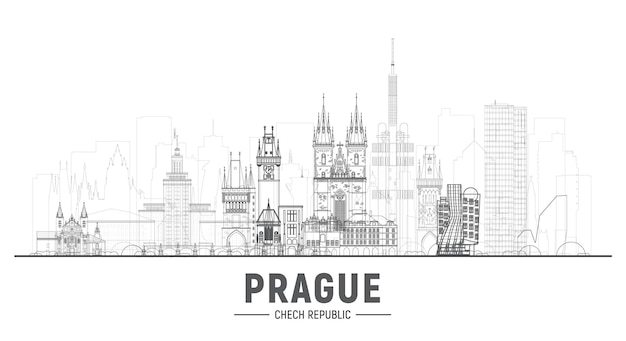 Прага, чешская республика, линия горизонта города на белом фоне. векторная иллюстрация. концепция деловых поездок и туризма с современными зданиями. изображение для баннера или веб-сайта.