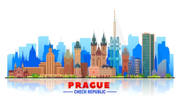 プラハ（チェコ共和国）のスカイラインと白い背景のパノラマ。ベクトルイラスト。近代的な建物とビジネス旅行と観光のコンセプト。バナーまたはwebサイトの画像。