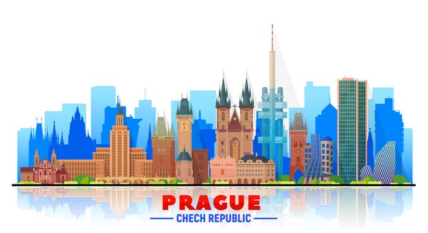 Горизонт Праги (Чехия) с панорамой на белом фоне. Векторная иллюстрация. Концепция деловых поездок и туризма с современными зданиями. Изображение для баннера или веб-сайта.