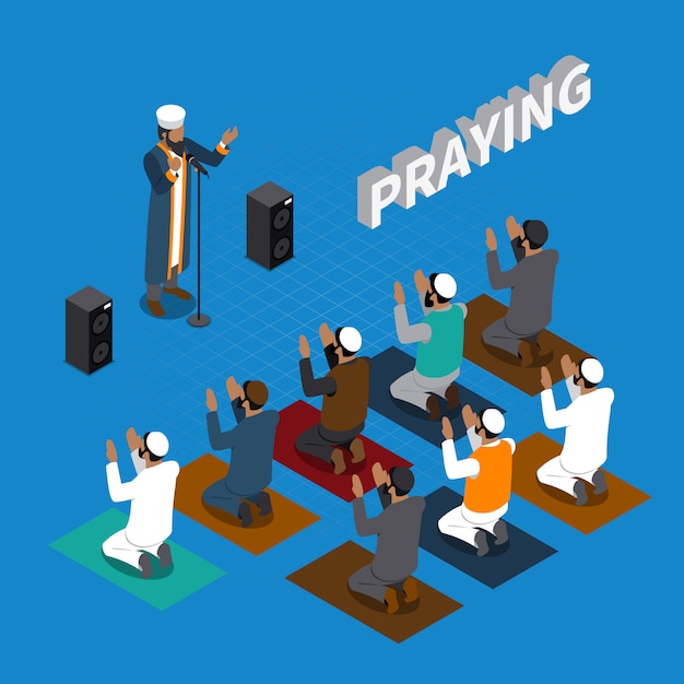 Free vector praying in islam isometric composition