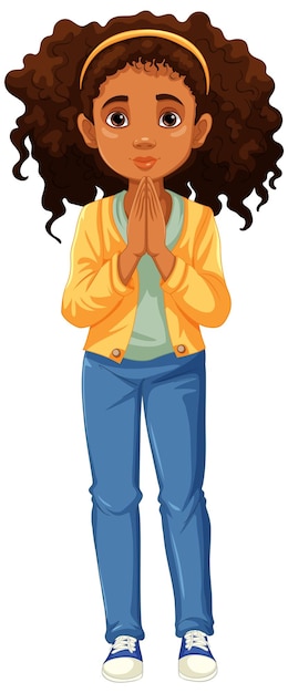 Free vector praying woman with curly hair eyes open